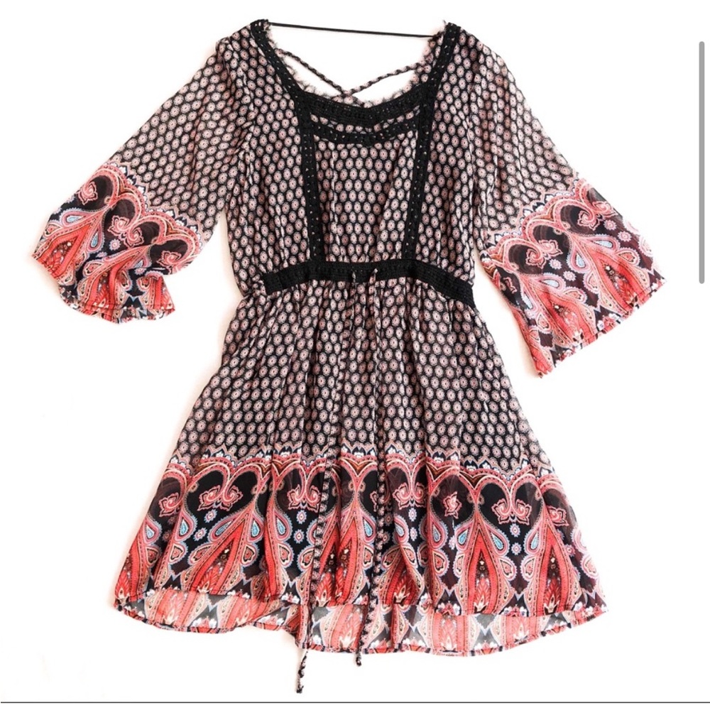 Miss Me Peasant Dress Bohemian Black and Red Patterned Dress